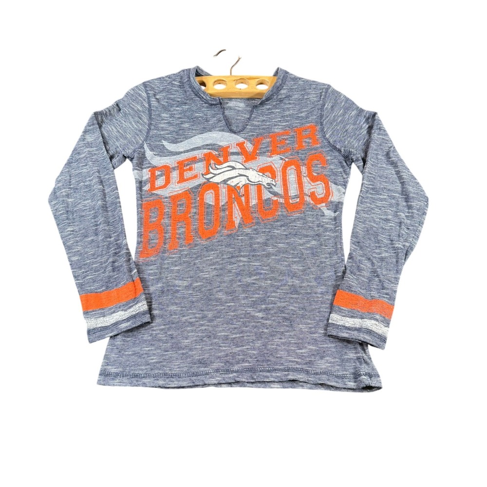 Majestic Denver Broncos NFL Women's Small Blue Gray Slub Knit Long Sleeve Tee